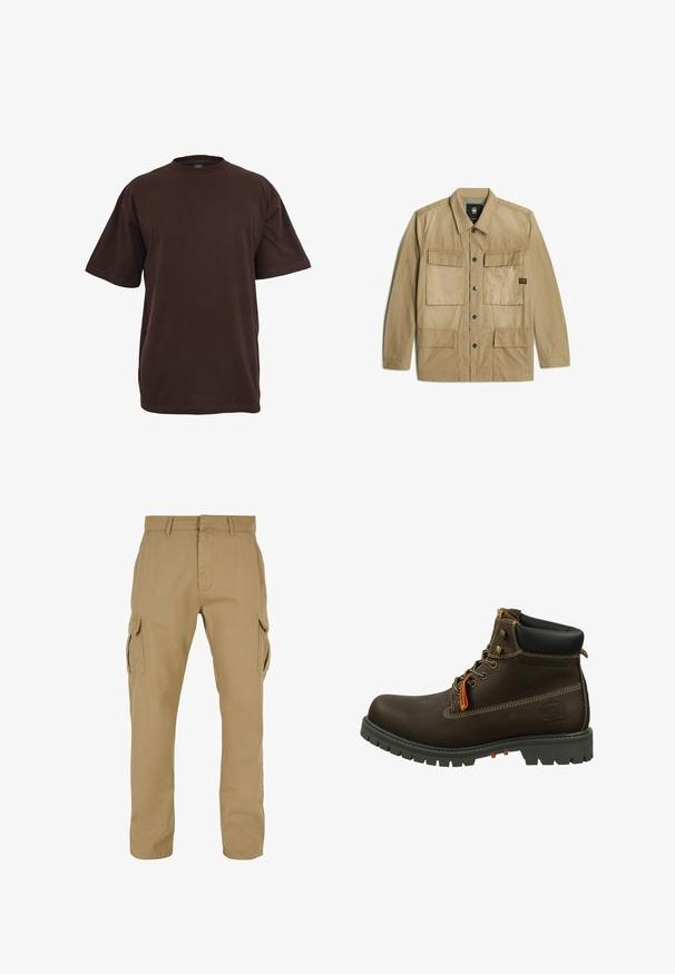 Beige leichte Jacke mit vier Fronttaschen, Druckknöpfen und einem Kragen. Glatte Stoffoberfläche mit leicht matter Optik.; Braunes Baumwoll-T-Shirt mit kurzen Ärmeln, Rundhalsausschnitt und lockerer Passform. Glatte Textur ohne sichtbare Muster oder Akzente.; Beige Cargo-Hosen mit zwei Seitentaschen, geradem Bein, aus strapazierfähigem Stoff, mit Steppdetails und Gürtelschlaufen.; Dockers by Gerli Schnürstiefelette - schoko