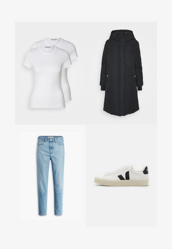 Zwarte gewatteerde lange jas met capuchon, voorzien van knoopsluitingen, ritszakken aan de zijkanten en elastische manchetten. Glad, lichtgewicht stof.; Twee witte katoenen t-shirts met korte mouwen, ronde halslijnen en een getailleerd silhouet, met een zachte textuur en minimalistisch ontwerp.; Lichtblauwe hoge taille spijkerbroek met voorzakken, riemlussen, knoopsluiting en taps toelopende broekspijpen op een witte achtergrond.; Witte leren sneaker met zwart rubberen V-logo. Getextureerde off-white zool, witte veters en een achterkant met een detail van de merknaam in het zwart.