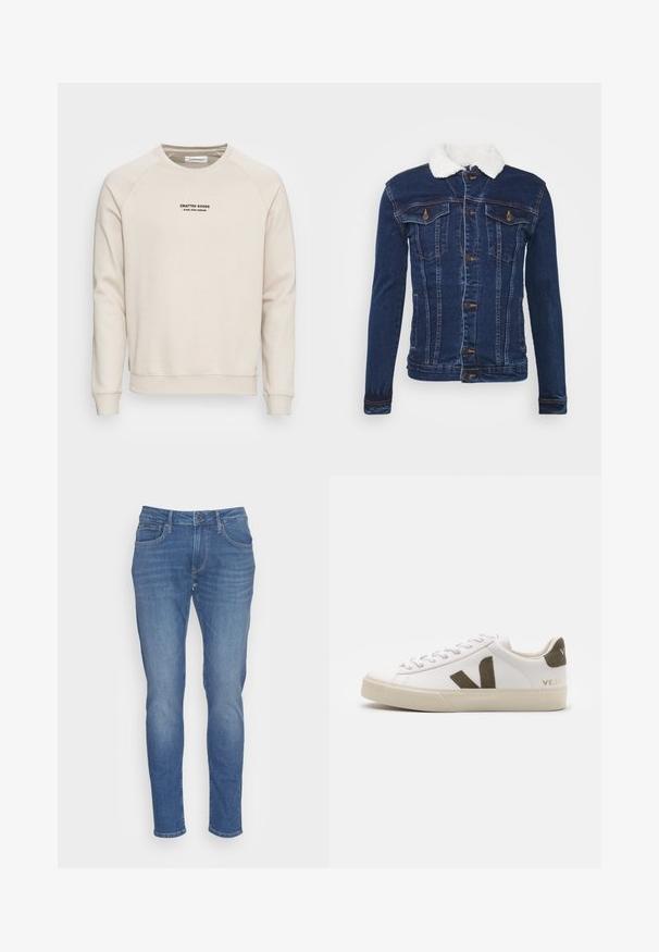 Veste en denim bleu foncé avec un col en fausse fourrure blanche, fermeture à boutons, deux poches poitrine et de subtils détails de couture.; Sweatshirt de couleur crème avec des manches raglan, des poignets côtelés et un ourlet côtelé. Présente un logo en texte noir à l'avant. Tissu doux et texturé.; Jean en denim bleu à coupe slim, avec une fermeture à bouton et à zip à l'avant, cinq poches et un léger délavage sur l'ensemble du tissu.; Baskets en cuir blanc avec une semelle en caoutchouc beige clair. Présentent un logo en V en daim marron et une languette de talon. Fermeture à lacets avec une surface texturée.