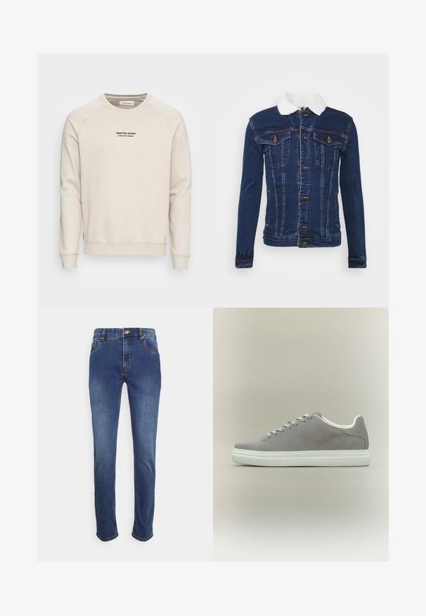 Mørkeblå denimjakke med hvid faux fur-krave, knaplukning, to brystlommer og subtile syninger.; Cremefarvet sweatshirt med raglanærmer, ribbede manchetter og kant. Har et sort tekstlogo på fronten. Blødt, tekstureret stof.; Dongeribukser i mørkeblå, med en klassisk lige pasform, fem lommer, guldknaplukning og subtile syninger langs sømmene.; Grå ruskindsneaker med hvid gummisål og snørebånd, der har et lavt snit og glat tekstur. Minimalistisk stil uden synlige logoer.