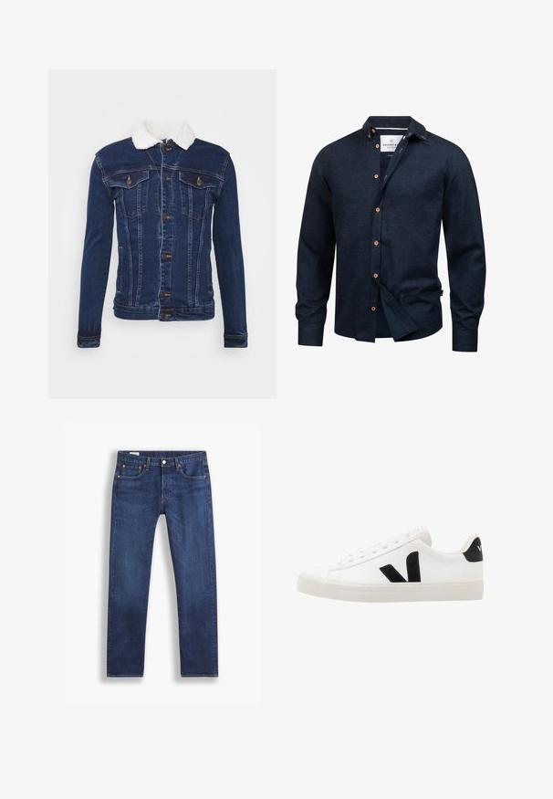 Veste en denim bleu foncé avec un col en fausse fourrure blanche, fermeture à boutons, deux poches poitrine et de subtils détails de couture.; Chemise homme bleu marine foncé à manches longues avec boutons marron et petit col relevé, partiellement déboutonnée à l'avant.; Jean droit bleu marine avec un style classique à cinq poches et fermeture à bouton, présenté sur fond blanc.; Sneaker blanche en cuir avec des accents en daim noir ; dispose d'une semelle en caoutchouc, d'un bout rond et d'un design classique à lacets. Logo latéral en noir.