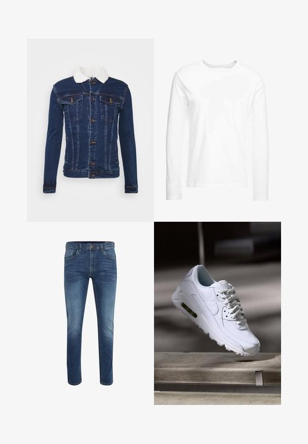 Tumed sinine denim jakk valge kunstkarvakaelusega, nööbiga esiosa, kaks rinna taskut ja peened õmblusdetailid.; Pikad varrukad valge t-särk, mis on valmistatud pehmest puuvillast. Ümmargune kaelus, sirge lõikega ääred ning ilma nähtavate mustrite või graafikateta.; Õhukese lõikega sinised teksapüksid keskmise pesuga, viie tasku ja kontrastse õmblusega. Varustatud nööpkinnituse ja vöölõhedega.; Valge nahast tennisete õhustuskujuga pinnad, pehmendustega krae ja nähtav õhuklapp tallas. Omab paelu ja minimaliseeritud disaini.