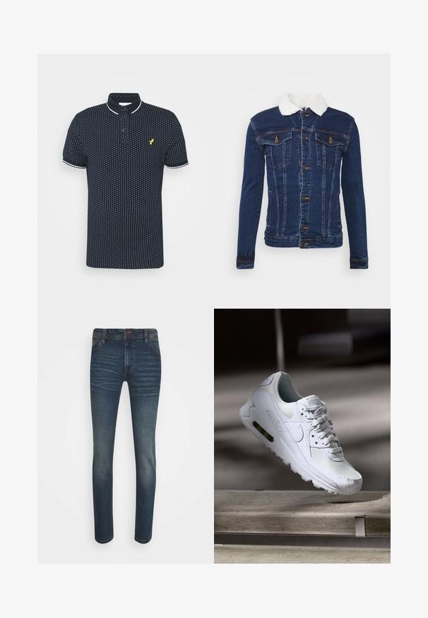 Chaqueta de mezclilla en azul oscuro con un cuello de piel sintética blanca, cierre de botones, dos bolsillos en el pecho y detalles de costura sutil.; Polo navy con un pequeño patrón de puntos blancos, mangas cortas, acentos blancos en el cuello y los puños, y un logo amarillo en el pecho.; Vaqueros de denim azul oscuro con corteSlim, que presentan un clásico diseño de cinco bolsillos, áreas desgastadas y sutiles líneas texturizadas en la parte delantera.; Zapatilla Nike Air Max 90 blanca con parte superior de malla y cuero, caja de puntera perforada y unidad de aire visible en el talón.