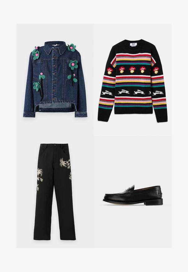 Veste en denim avec des boutons sur le devant, un col et des appliqués floraux en vert et rose, présentant un design court et une coupe décontractée.; Pull en maille noir avec des rayures horizontales colorées, un motif de champignons rouges et de lapins blancs courant sur la poitrine et les manches.; Pantalons larges noirs avec broderie florale dans des tons crème. Présente des poches avant et une fermeture à bouton, fabriqués en un textile lisse.; Mocassin homme en cuir noir avec un petit talon et une couture de style mocassin sur l'avant, vu de côté sur un fond uni.