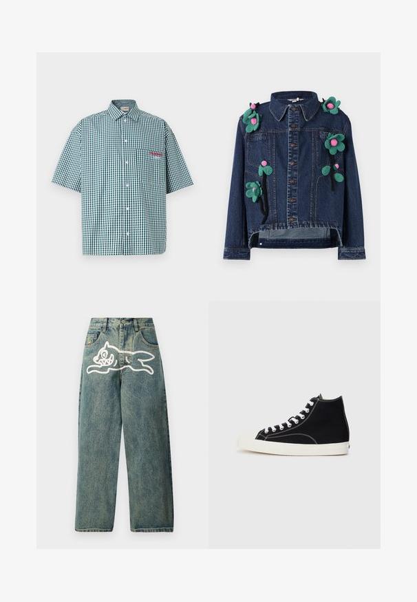 Veste en denim avec des boutons sur le devant, un col et des appliqués floraux en vert et rose, présentant un design court et une coupe décontractée.; Chemise à manches courtes en vichy vert et blanc. Elle possède un devant à boutons, un col et une poche poitrine avec broderie rouge.; Jean en denim bleu clair à coupe ample, avec un grand graphisme d'un chat blanc sur la jambe gauche et un design classique à cinq poches.; Baskets montantes en toile noires avec des lacets blancs, dotées d'un capuchon en caoutchouc et de surpiqûres blanches contrastantes.