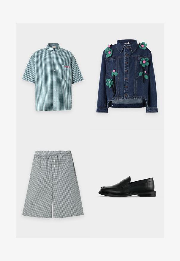 Veste en denim avec des boutons sur le devant, un col et des appliqués floraux en vert et rose, présentant un design court et une coupe décontractée.; Chemise à manches courtes en vichy vert et blanc. Elle possède un devant à boutons, un col et une poche poitrine avec broderie rouge.; Shorts à motif vichy noir et blanc, fabriqués en tissu léger. Présentent une taille élastique et des détails en boutons à l'avant.; Mocassin penny pour homme en cuir noir avec talon bas empilé et bout arrondi, vu de profil sur fond gris clair.