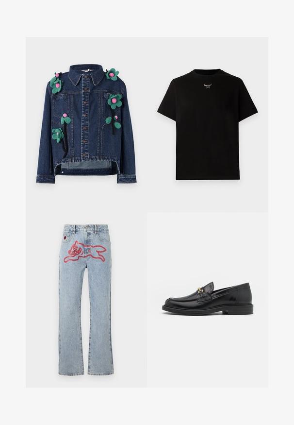 Denimjakke med frontknapper, krave og blomsterapplikationer i grøn og pink, med en cropped design og afslappet pasform.; Sort bomulds T-shirt med korte ærmer, rund halsudskæring og en sølvlogo detalje på brystet. Glat tekstur og afslappet pasform.; Lyseblå denimjeans med lige ben, med et stort rød, tegneserieagtigt kattegrafik på bagsiden og traditionel fem-lomme styling.; Sorte læder loafers med en rund tå, der har guld hardware accent og syningsdetaljer, placeret på en lav, tekstureret gummisål.