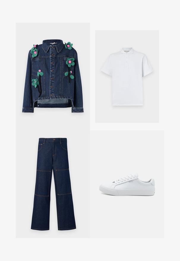 Denimjakke med frontknapper, krave og blomsterapplikationer i grøn og pink, med en cropped design og afslappet pasform.; Hvid polo skjorte lavet af bomuld, med en klassisk krave, korte ærmer og en tre-knaps knaplukning. Glat tekstur, ingen mønstre.; Mørkeblå denim bukser med vid ben og kontrasterende orange syninger, der har store lappelommer på hver ben og en knaplukning i taljen.; Hvide lædersneakers med en glat overflade, lavt design, rund tå og flad gummisål. Udstyret med flade snørebånd og minimal branding.