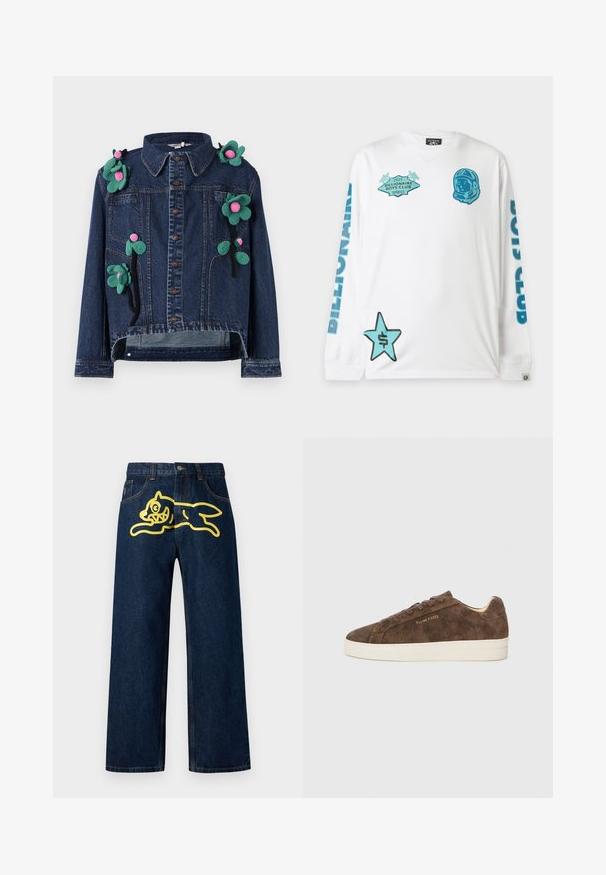 Denimjakke med frontknapper, krave og blomsterapplikationer i grøn og pink, med en cropped design og afslappet pasform.; Hvid langærmet skjorte med blå "Billionaire Boys Club" tekst på ærmerne, en blå astronaut-hjelm grafik og en blå stjerne med dollartegn på fronten.; Mørkeblå denim jeans med et stort gult grafisk motiv af en springende karakter på baglommen. Lige ben design med standard syninger.; Brune ruskinds sneakers med lav profil, rund tå og hvid gummisål. Har mørke snørebånd og diskret branding på siden.