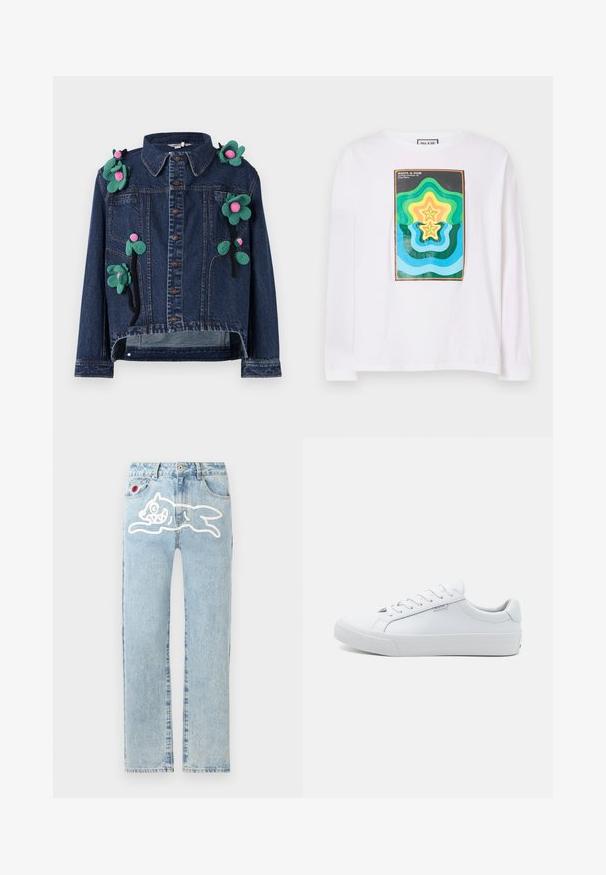 Denimjakke med frontknapper, krave og blomsterapplikationer i grøn og pink, med en cropped design og afslappet pasform.; Hvid langærmet t-shirt med et farverigt geometrisk print bestående af lagdelte stjernetyper i grøn, gul og blå, indrammet af en mørk kant.; Icecream RUNNING DOG PANT - Jeans Straight Leg - heavy wash blue; Hvide lædersneakers med en glat overflade, lavt design, rund tå og flad gummisål. Udstyret med flade snørebånd og minimal branding.