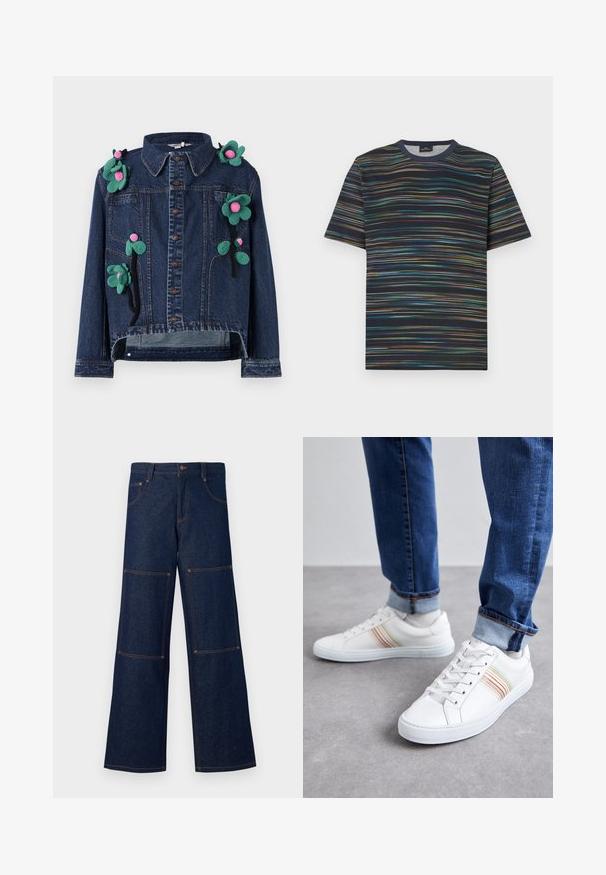 Veste en denim avec des boutons sur le devant, un col et des appliqués floraux en vert et rose, présentant un design court et une coupe décontractée.; T-shirt manches courtes en coton, avec une base bleu marine et des rayures horizontales multicolores, col rond.; Pantalons larges en denim bleu foncé avec des coutures contrastantes orange, dotés de grandes poches plaquées sur chaque jambe et d'une fermeture à bouton à la taille.; Baskets en cuir blanc avec des rayures multicolores, design à lacets, semelle en caoutchouc et col rembourré, associées à un jean en denim bleu.