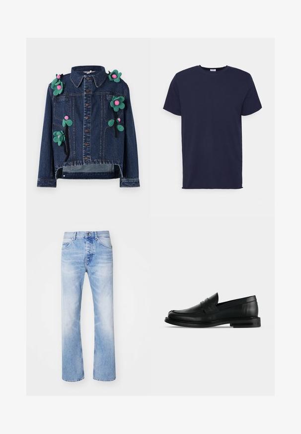 Denimjakke med frontknapper, krave og blomsterapplikationer i grøn og pink, med en cropped design og afslappet pasform.; Marineblå kortærmet t-shirt lavet af blødt stof. Har rund halsudskæring og en lige pasform uden mønstre eller accenter.; Lyseblå denim jeans med et lige ben-design, der har en klassisk fem-lommer stil og et subtilt falmet mønster.; Sort læder herre penny loafer med lav stablet hæl og rundet tå vist fra siden på lys grå baggrund.