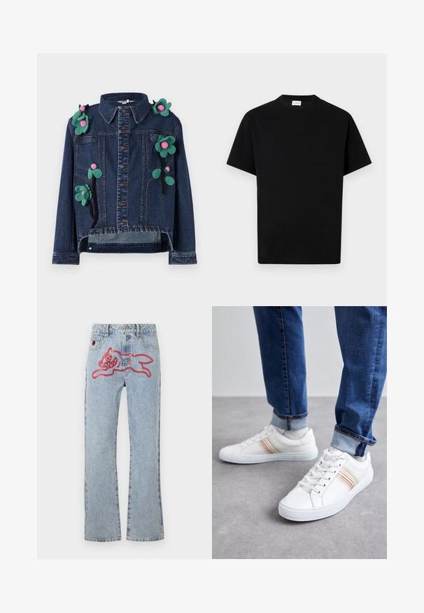 Denimjakke med frontknapper, krave og blomsterapplikationer i grøn og pink, med en cropped design og afslappet pasform.; Sort bomuld t-shirt med rund hals, korte ærmer og lige snit. Ingen synlige mønstre eller hardwaredetaljer.; Lyseblå denimjeans med lige ben, med et stort rød, tegneserieagtigt kattegrafik på bagsiden og traditionel fem-lomme styling.; Hvide lædersneakers med multicolore striber, snørebåndsdesign, gummisål og polstret krave, parret med blå denimjeans.