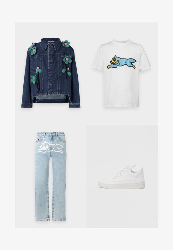 Denimjack met knopen aan de voorkant, kraag en bloempotloodjes in groen en roze, met een cropped ontwerp en een relaxte fit.; Witte katoenen t-shirt met een blauwe cartoonkat met een gele gezicht en scherpe tanden, gepositioneerd in een springende houding.; Icecream RUNNING DOG PANT - Straight leg jeans - heavy wash blue; Witte leren sneaker met een afgeronde neus, platte zool en veters aan de voorkant. Voorzien van stikseldetails en een gevoerde kraag voor comfort.