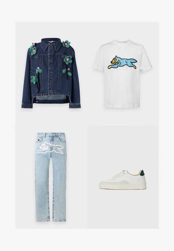 Denimjakke med frontknapper, krave og blomsterapplikationer i grøn og pink, med en cropped design og afslappet pasform.; Hvid bomulds t-shirt med en blå, tegneserieagtig kat med et gult ansigt og skarpe tænder, placeret i en springende stilling.; Icecream RUNNING DOG PANT - Jeans Straight Leg - heavy wash blue; Hvide sneakers med ruskindsdetaljer, rund tå, flade snørebånd og en cremet gummisål. Har grøn branding på hælen.