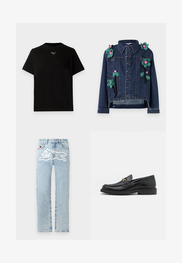 Jeansjacke mit Vorderknöpfen, Kragen und floralen Applikationen in Grün und Pink, mit einer verkürzten Passform und lässigem Schnitt.; Schwarzes Baumwoll-T-Shirt mit kurzen Ärmeln, Rundhalsausschnitt und einem silbernen Logo-Detail auf der Brust. Glatte Textur und lockere Passform.; Icecream RUNNING DOG PANT - Jeans Straight Leg - heavy wash blue; Schwarze Lederleter mit einer abgerundeten Zehenpartie, ausgestattet mit goldenen Hardwareakzenten und Stichdetails, auf einer niedrigen, strukturierten Gummisohle.