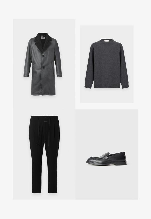 Sort læderfrakke med en struktureret shearling-krave, forreste knaplukning og sidelommer. Glat ydre med en skræddersyet silhuet.; Mørkegrå sweater med rund hals og lange ærmer, ribstrikkede manchetter, kant og halsudskæring, vist mod en ensfarvet lys baggrund.; CLOSED VIGO TAPERED - Chino - dark night; Sorte læder loafers med en struktureret finish, der har en dekorativ frontrem og en rundet tå. Gummisål for holdbarhed.