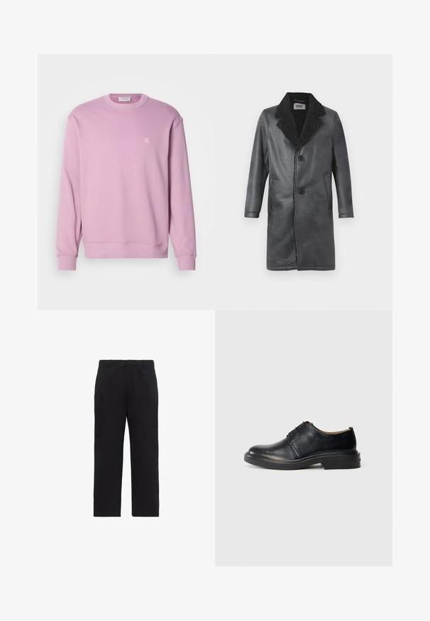 Schwarzer Lederrock mit einem strukturierten Schaffellkragen, Knopfverschluss vorne und Seitentaschen. Glatte Außenseite mit einer taillierten Silhouette.; Rosa Crewneck-Sweatshirt mit gerippten Bündchen und Saum, mit einem kleinen weißen Logo auf der Brust. Hergestellt aus weichem Baumwollstoff.; Schwarze Hose mit geradem Bein, Gürtelschlaufen, Reißverschluss vorne und Seitentaschen, auf weißem Hintergrund abgebildet.; Schwarze Leder-Oxfords mit runder Zehenpartie, Schnürung an der Vorderseite und niedrigem, gestapeltem Absatz vor einem schlichten, hellen Hintergrund.