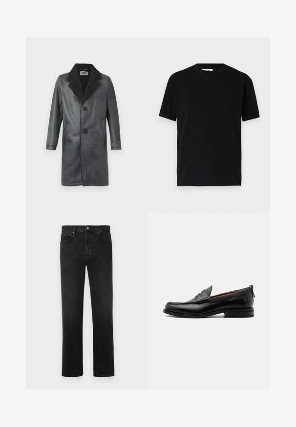 Manteau en cuir noir avec un col en shearling texturé, fermeture à boutons à l'avant et poches latérales. Extérieur lisse avec une silhouette ajustée.; T-shirt noir à manches courtes en coton avec un col rond et une coupe ample. Texture lisse, sans motifs ni logos visibles.; Jeans en denim noir à coupe droite, design à cinq poches et fermeture à un seul bouton en métal à la taille. Texture lisse, décoloration minimale.; Mocassin homme en cuir noir avec couture moc toe, bride penny, col texturé et petit talon empilé sur fond blanc.
