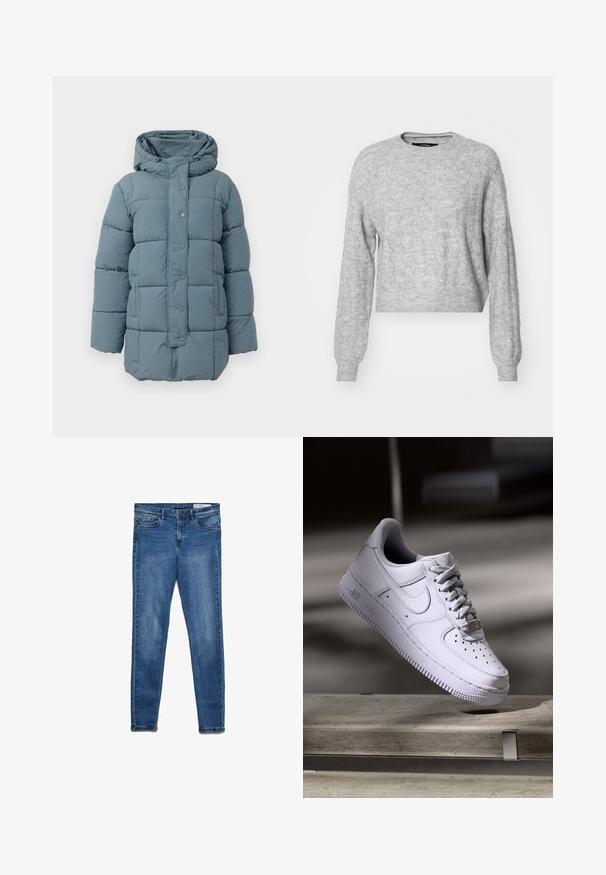 Vaaleansininen pehmustettu takki, jossa on huppu, napitettava etuosa ja tikkikuvio. Materiaali näyttää pehmeältä, näkyvillä saumoilla ja tekstuurilla.; Vero Moda VMYEN ONECK - Neule - light grey; Tummansiniset farkut klassisella skinny-mallilla. Ne sisältävät viisi taskua, vetoketjullisen etumuksen ja hillityn haalistuksen tekstuurin lisäämiseksi.; Valkoinen Nike Air Force 1 -tossu leijuu betonipinnan yläpuolella varjojen kera minimalistisessa ympäristössä.