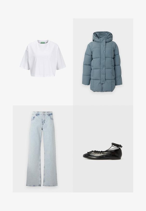 Lyseblå polstret jakke med hætte, som har knaplukning foran og quiltet design. Materialet ser blødt ud, med synlige sømme og tekstur.; Hvid cropped t-shirt lavet af bomuld, med korte ærmer og rund hals. Grøn label indeni med synligt mærkenavn.; Lyseblå bred ben jeans lavet af denim, med høj talje, bælteholdere, fem lommer og slidte områder for et vintage udseende.; Sorte balletflade sko i laklæder med rundet tå, snørelukning og flad sål. Glat tekstur med få detaljer.