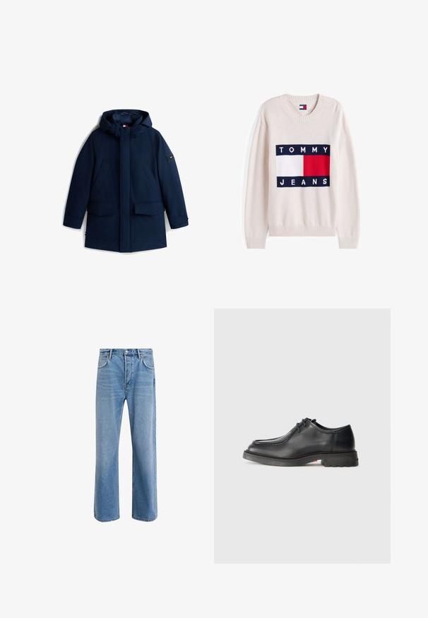 Mørkeblå vinterjakke med hætte, lynlås foran, trykknapper, to brystlommer og to store lommer med klap nederst.; Creme-farvet sweater med ribbede manchetter og halsudskæring. Har et rektangulært logo i marineblå, hvid og rød med teksten "TOMMY JEANS". Blød tekstur.; Lyseblå denim jeans med lige ben-design, fem lommer, knaplukning, minimal falming og kontraststingdetaljer.; Sorte lædersko med glat tekstur, rund tå og lav, præget syning. Tykk gummisål med let hæl og skridsikker mønster.