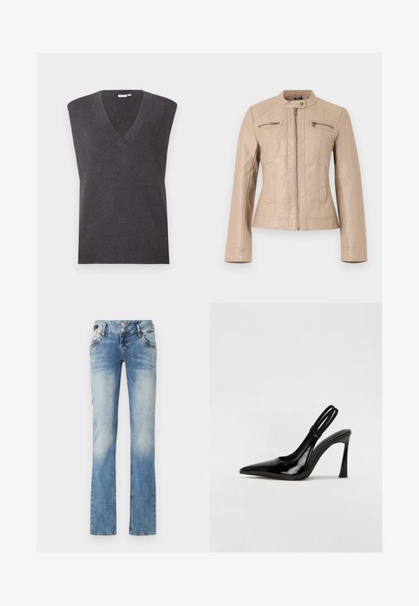 Veste en similicuir beige clair avec col montant, fermeture éclair frontale, deux poches poitrine zippées et deux poches latérales verticales.; VILA VICHELLE V NECK OVERSIZED - Pullover - dark grey melange; Jeans en denim bleu clair avec une coupe droite, dotés d'une fermeture à cinq boutons, de poches avant et de détails de décoloration subtils.; Escarpin en cuir verni noir à talon aiguille, à bout pointu, avec une sangle élastique double pour un maintien sécurisé. Surface lisse et brillante.