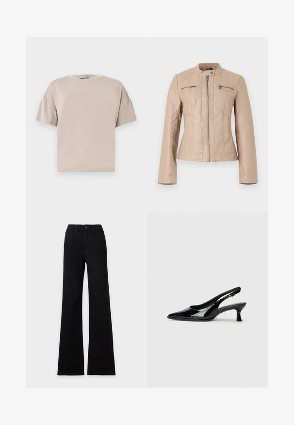 Veste en similicuir beige clair avec col montant, fermeture éclair frontale, deux poches poitrine zippées et deux poches latérales verticales.; T-shirt beige en coton, à manches courtes, oversize, avec col rond et ourlet droit, sur un fond clair uni.; Jean noir taille haute avec fermeture bouton et fermeture éclair, poches avant, passants de ceinture et jambes larges évasées.; Escarpins en cuir verni noir avec un bout pointu et un petit talon carré. Sangle réglable à la cheville avec boucle.