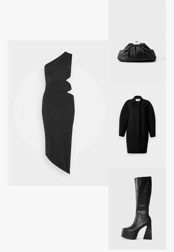 Must Black wool coat with a collared neckline, single-button closure, and rounded shoulders. Features two side pockets and a minimalist design.; Must mustan ühe õla kleit, mis on valmistatud siledast kangast, sisaldab asümmeetri lõiget, drapeeritud detaile ja noolivat, kehaid hästi jäljendavat siluetti.; Mustaline mustast nahast kuni põlveni ulatuvad saapad, millel on paks platvorm ja geometriline kõrge konts. Sile tekstuur, mille ülemises servas on õmblustehnikaga detailid.; Mustast nahast käekott kogutud tekstuuriga, metallist kinnituslukk ja esiküljel peenelt reljeefne logo. Ümar kuju.