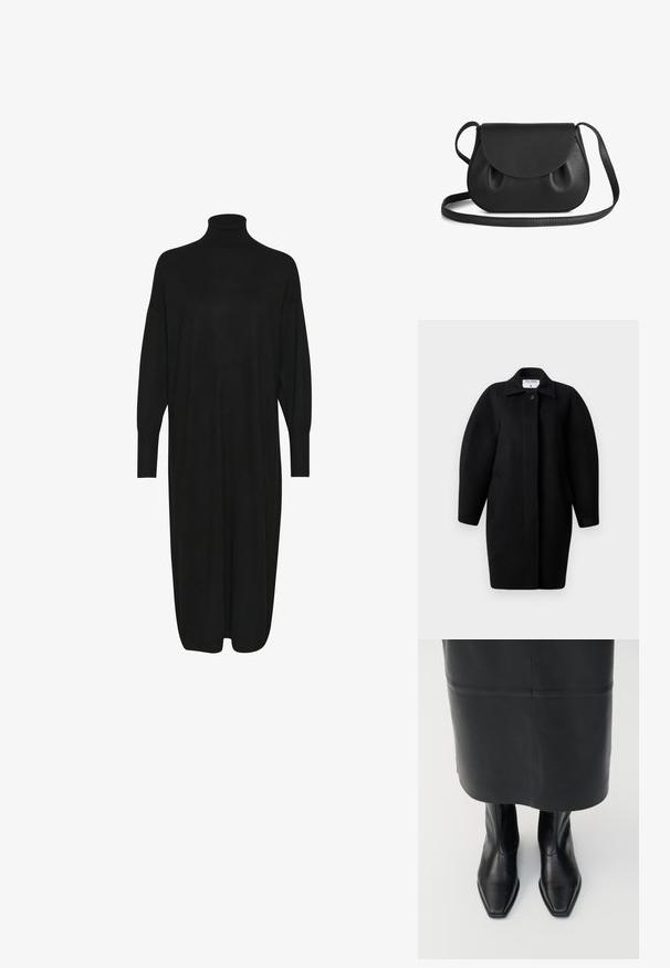 Sorte uldfrakke med krave, enkelt knaplukning og afrundede skuldre. Har to sidelommer og et minimalistisk design.; Sort strikket kjole med høj mock neck, lange ærmer og en afslappet pasform. Glat tekstur med længde til midt på læggen og ingen synlige mønstre eller detaljer.; Sorte læder støvler med høj ankel, firkantet tådesign og sideskilt. Glat tekstur og minimal hardware; sammen med en sort lædernederdel.; Sort læder crossbody taske med en rund form, der har en klaplukning og bløde, samlede detaljer. Justerbar rem for bekvemmelighed.
