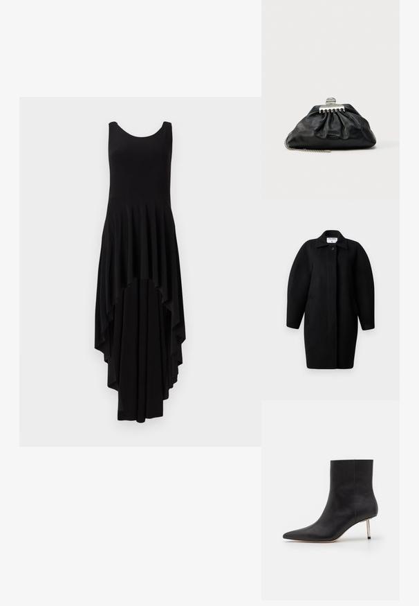 Must Black wool coat with a collared neckline, single-button closure, and rounded shoulders. Features two side pockets and a minimalist design.; Musthave mustrõhuta must kleit ümmarguse kaelusega, millel on langev asümmeetriline allääre ja plekitud tekstuur kogu kehakaeluse kohal.; Must musta ankle kingad terava varba ja õhukese metalset muujuhega. Sile tekstuur, puhtad jooned ja minimalistikud disainielemendid.; Mustast nahast käekott kogutud disainiga, hõbedane klamber ja ketist rihm. Esiküljel on peenelt reljeefne bränd.