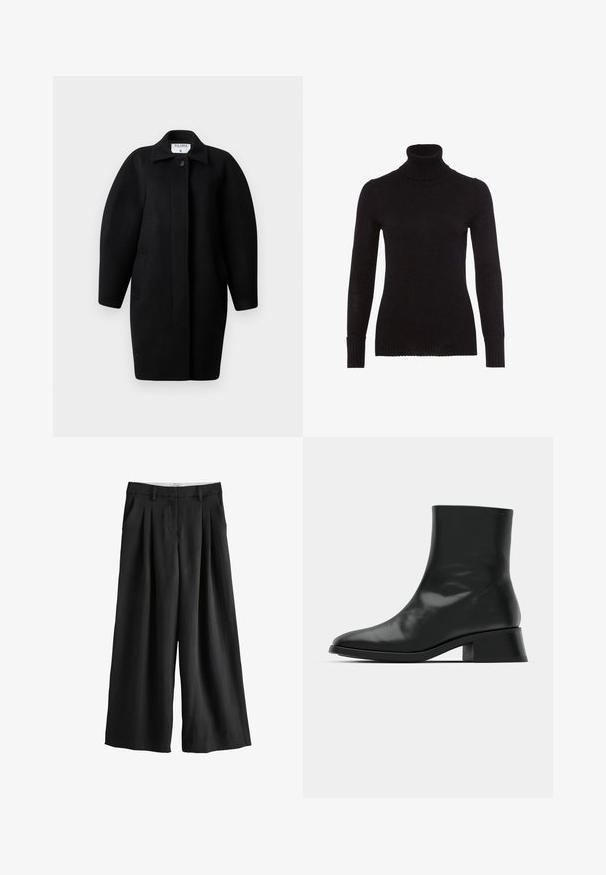 Sorte uldfrakke med krave, enkelt knaplukning og afrundede skuldre. Har to sidelommer og et minimalistisk design.; Sort rullekravesweater lavet af blød strik. Har lange ærmer, ribbede manchetter og en ribbet halsudskæring. Glat overflade uden synlige mønstre.; Sorte bukser med vide ben, bæltestropper, frontplisseringer og sidelommer, vist på en hvid baggrund.; Sort ankelstøvle lavet af blank læder, med et strømlinet design, spids tå og en moderat blokhælhøjde for stabilitet.