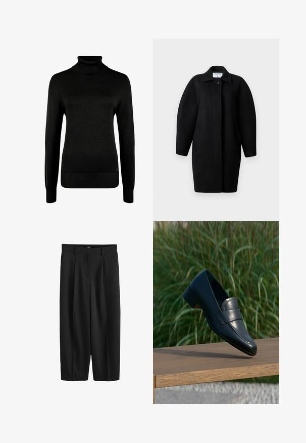 Sorte uldfrakke med krave, enkelt knaplukning og afrundede skuldre. Har to sidelommer og et minimalistisk design.; Sort langærmet rullekrave sweater med ribstrikkede manchetter og kant, vist på en hvid baggrund.; Sorte skræddersyede bukser med lige ben, bæltestropper, forreste læg og skjult lynlås.; Sort læderloafer med lav hæl, der balancerer på kanten af en træbænk udendørs med højt grønt græs i baggrunden.