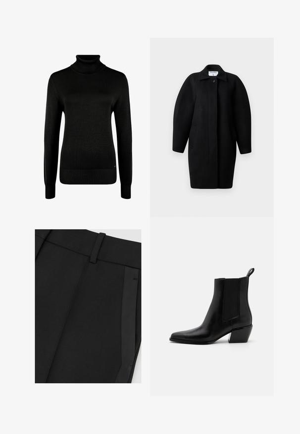 Must Black wool coat with a collared neckline, single-button closure, and rounded shoulders. Features two side pockets and a minimalist design.; Mustast värvist pikkade varrukatega kõrge kaelusega kampsun soonikutega mansettide ja äärega, valgel taustal.; Suutetud mustad püksid, millega on kaasas vöökohad ja peidetud küljetasku.; Mustad nahast pahkluu saapad terava nina, elastsete külgpaneelidega ja madala plokknäoga. Omab tõmbluku silmust kanna juures, mis teeb kasutamise lihtsaks.