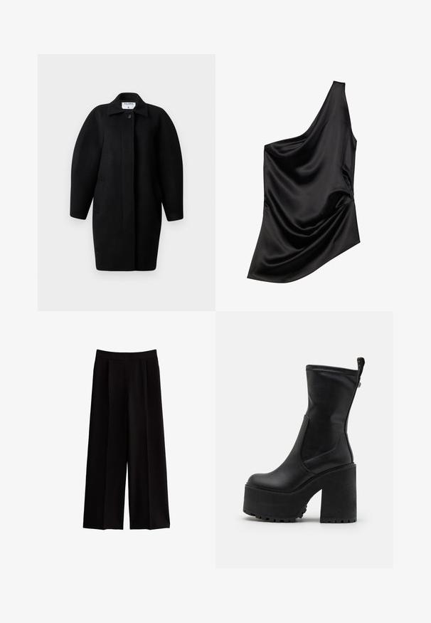 Sorte uldfrakke med krave, enkelt knaplukning og afrundede skuldre. Har to sidelommer og et minimalistisk design.; Sort satin-top med en asymmetrisk halsudskæring, draperet stofdetalje og blød tekstur. Har én skulder og en flydende silhuet.; Sorte wide-leg bukser lavet af blødt stof, med et glat elastisk taljebånd og uden synlige lukninger eller mønstre.; Buffalo KILLAH SOCK BOOT - Plateaustøvler - black