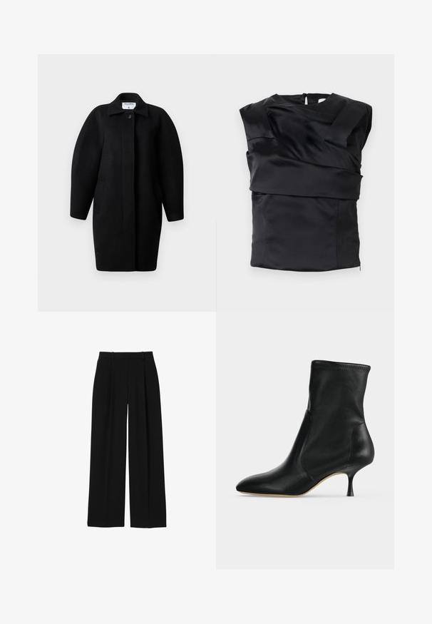Must Black wool coat with a collared neckline, single-button closure, and rounded shoulders. Features two side pockets and a minimalist design.; Must musta topp, millel on struktuurne disain, laiad õlad ja asümmeetrilise esipaneel, selja taga on lukuga kinnitatud.; Mustad kõrge vöökohaga laiade säärega püksid vööaasa ja esikokkupressidega, valgel taustal.; Mustast nahast pahkluu saabas terava otsaga ja peene keskmise kõrgusega kontsaga, näidatud külgvaates helel taustal.
