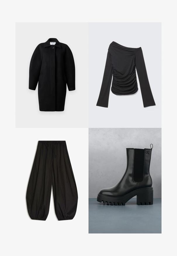 Sorte uldfrakke med krave, enkelt knaplukning og afrundede skuldre. Har to sidelommer og et minimalistisk design.; Sort langærmet top med asymmetrisk off-shoulder halsudskæring og rynkede detaljer på siderne og foran.; Sorte vidde bukser med elastisk talje og samlede elastiske manchetter, lavet af let stof.; Sort læder ankelstøvle med rund tå, kraftig platformssål og mesh-sidede accenter. Har en trækflig for nem påtagning.