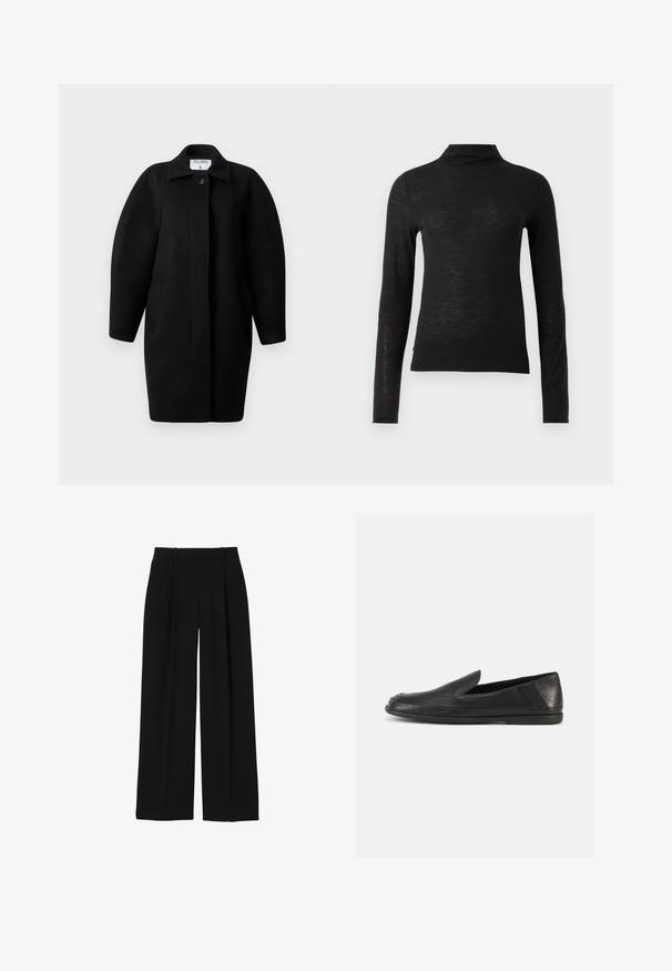 Must Black wool coat with a collared neckline, single-button closure, and rounded shoulders. Features two side pockets and a minimalist design.; Mustika musta pikkade varrukatega kõrge kaelusega topp, valmistatud tekstuurilisest materjalist, millel on slim-fit ja minimalistlik disain, ilma nähtavate mustrite või riistvarata.; Mustad kõrge vöökohaga laiade säärega püksid vööaasa ja esikokkupressidega, valgel taustal.; Mustad nahast libisemisvabad kingad, ühtlase viimistlusega, ümarate varvastega ja minimalistliku disainiga. Omavad madalat, painduvat kummist talla.