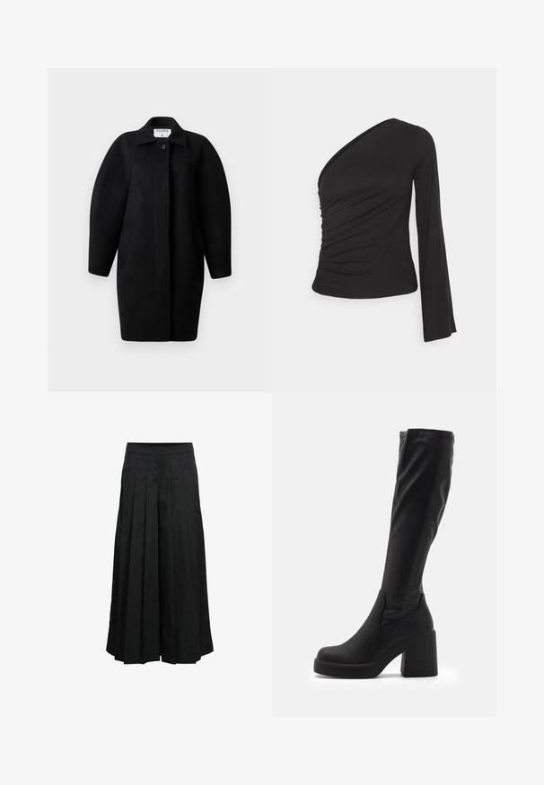 Sorte uldfrakke med krave, enkelt knaplukning og afrundede skuldre. Har to sidelommer og et minimalistisk design.; Asymmetrisk langærmet top i sort, med en sammensamlet side for tekstur og en tætsiddende silhuet. Lavet af blødt, strækbart materiale.; Sorte bukser med vidde i benene, frontplisseringer og høj talje, lavet af glat stof, vist på en hvid baggrund.; Sorte knæhøje støvler lavet af glat syntetisk materiale, med en tyk blokhæl og strømlinet design med elastisk top.
