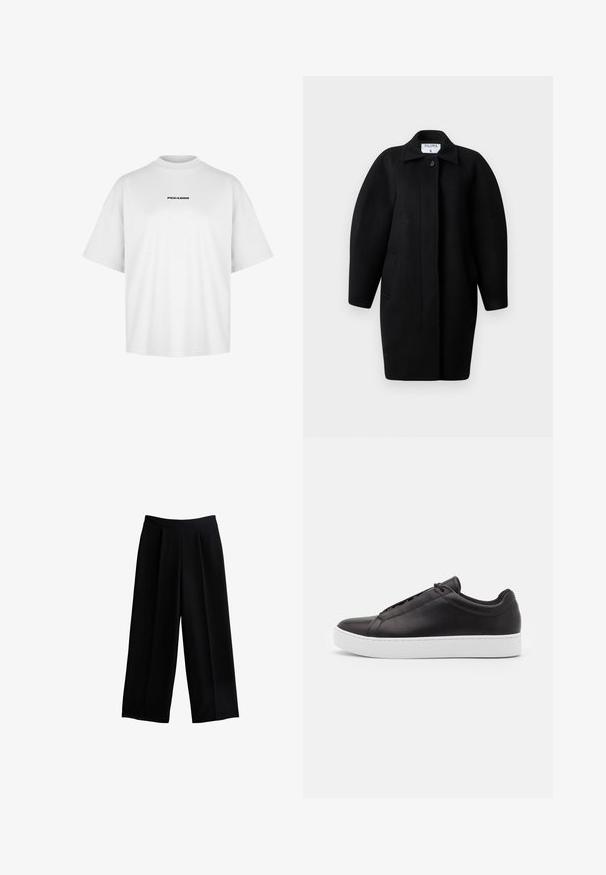 Sorte uldfrakke med krave, enkelt knaplukning og afrundede skuldre. Har to sidelommer og et minimalistisk design.; Hvid bomulds t-shirt med høj rund hals og korte ærmer. Har "PEGADOR" trykt i sort centralt på brystet.; Sorte breddebenede bukser med en plisseret design, lavet af glat stof. Har en høj talje og en afslappet silhuet.; Sorte lædersneakers med en glat overflade, der har et lavt design og en tyk hvid gummisål. Diskrete syninger på siden.