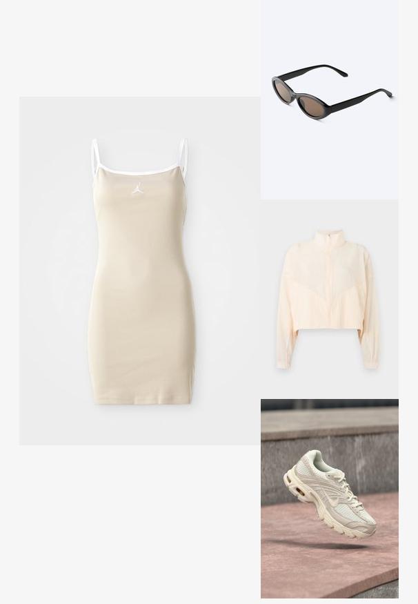 Lichtbeige jas met rits, hoge kraag, lange mouwen en elastische manchetten, getoond tegen een effen lichte achtergrond.; Beige mouwloze jurk met dunne bandjes, geribbelde structuur en witte afwerking. Heeft een klein logo in het midden boven de buste.; Lichtbeige sportschoen met een bovenwerk van mesh, een afgeronde neus en een gestructureerde middenzool. Voorzien van een gevoerde kraag en veters met een subtiel logo.; Zwarte zonnebril met ovale montuur en donker getinte glazen, licht schuin getoond op een wit oppervlak.
