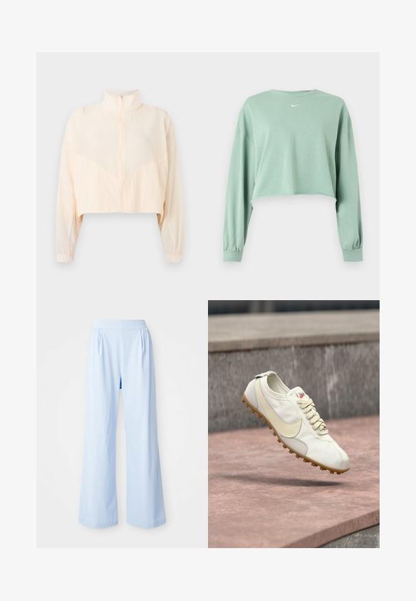 Lysebeige jakke med lynlås, høj krave, lange ærmer og elastiske manchetter, vist på en ensartet lys baggrund.; Lysegrøn cropped langærmet sweatshirt med elastiske manchetter og lille hvidt Nike-logo centreret under halsudskæringen.; Lyseblå bredbenede bukser med en glat tekstur, elastisk talje og plisserede detaljer på fronten. Fremstillet af et blødt stof.; Hvid og beige atletiksko med snørebånd og gummisål, svævende over en stenovertag med en sløret betonbaggrund.
