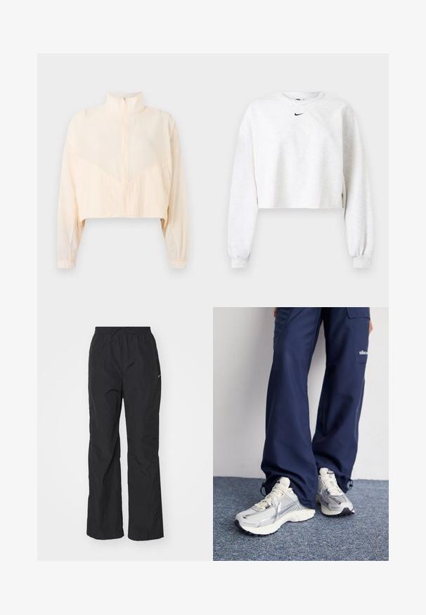 Lysebeige jakke med lynlås, høj krave, lange ærmer og elastiske manchetter, vist på en ensartet lys baggrund.; Kroppet sweatshirt i lysegrå, lavet af blødt stof. Har rund hals, lange ærmer med elastiske manchetter og et sort Nike-logo over brystet.; Sorte, letvægtsbukser med elastisk talje og snøre. Har en tekstureret overflade og et lille reflekterende logo på siden.; Nike sportssko med en sølvfarvet mesh-overdel, hvide detaljer og strukturerede såler, parret med løstsiddende navy bukser.