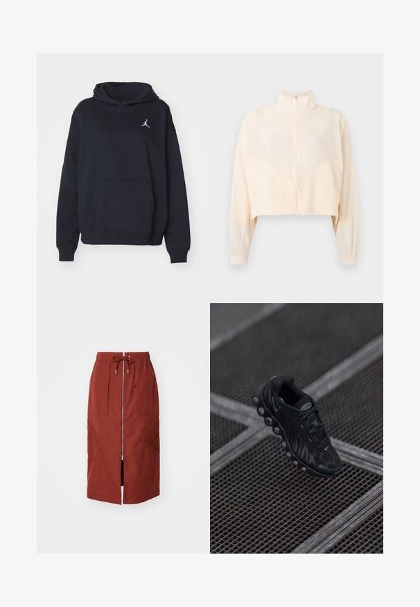 Veste zippée beige clair avec col montant, manches longues et poignets élastiques, présentée sur un fond clair uni.; Sweatshirt à capuche noir en tissu doux, avec une poche kangourou à l'avant et un petit logo Jordan blanc sur la poitrine.; Jupe mi-longue en rouge terre cuite, avec une fermeture éclair à l'avant, une taille élastique avec cordon de serrage et des poches latérales avec un design géométrique.; Chaussure de sport noire avec un dessus texturé, une semelle arrondie et un amorti d'air visible. Présente un design à lacets et un accent de logo de la marque.