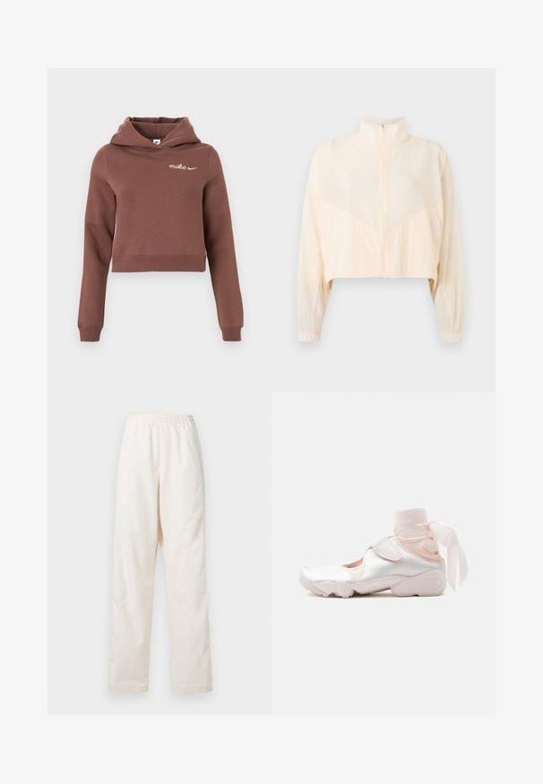 Lysebeige jakke med lynlås, høj krave, lange ærmer og elastiske manchetter, vist på en ensartet lys baggrund.; Brun cropped hoodie med lange ærmer og hvidt Nike-logo på øverste venstre bryst, præsenteret på en plain lys baggrund.; Løse, cremefarvede bukser med elastisk talje og lige ben, vist mod en ensfarvet hvid baggrund.; Hvid og lyserød sneaker med blødt stofankelomslag bundet i en sløjfe, med justerbar rem og rundet sål.