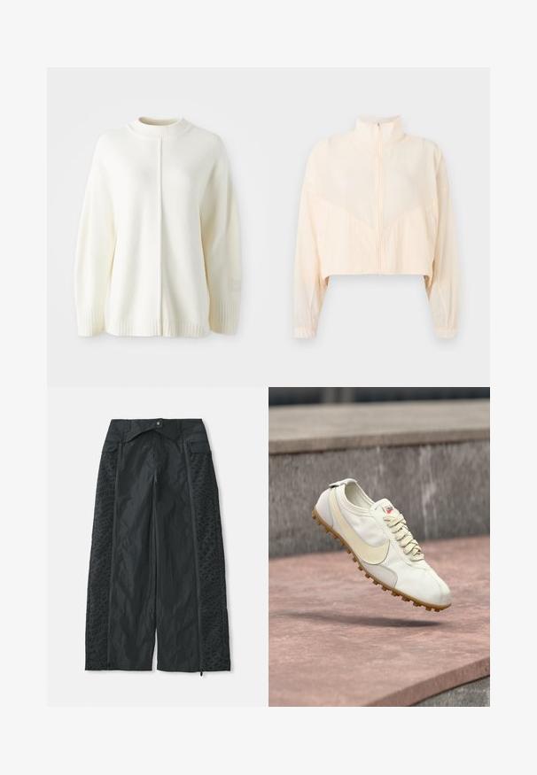 Lysebeige jakke med lynlås, høj krave, lange ærmer og elastiske manchetter, vist på en ensartet lys baggrund.; Hvid fleece sweater med høj ribbet hals, lange ærmer og en midterseam. Har ribbede manchetter og et lille logo-patch på ærmet.; Sort brede bukser lavet af letvægtsmateriale, der har teksturerede mønstre på siderne og lynlåsåbninger ved kanten.; Hvid og beige atletiksko med snørebånd og gummisål, svævende over en stenovertag med en sløret betonbaggrund.