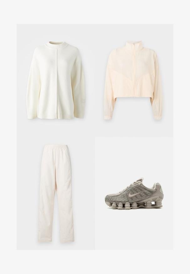 Veste zippée beige clair avec col montant, manches longues et poignets élastiques, présentée sur un fond clair uni.; Pull en polaire blanc avec un col haut côtelé, des manches longues et une couture centrale. Comprend des poignets côtelés et un petit patch logo sur la manche.; Pantalon couleur crème à taille élastique et coupe droite, de coupe ample, présenté sur un fond blanc uni.; Baskets Nike Shox beige clair avec semelle amortissante visible en forme de colonne et détails en mesh sur la tige.