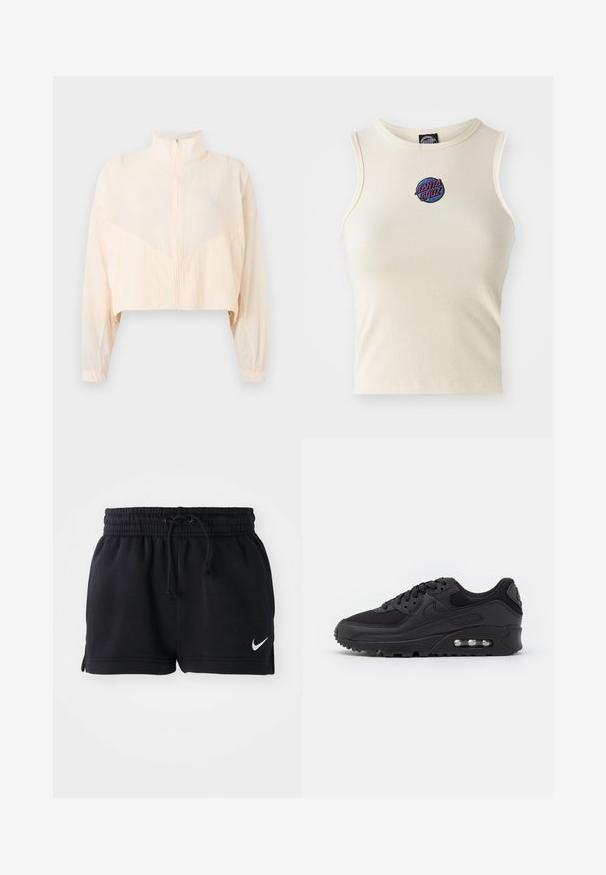 Hellbeige Reißverschlussjacke mit hohem Kragen, langen Ärmeln und elastischen Bündchen, präsentiert vor einem schlichten hellen Hintergrund.; Cremfarbener gerippter ärmelloser Tanktop mit Rundhalsausschnitt, vorne mit einem gestickten „Santa Cruz“-Logo in Pink und Blau.; Schwarze Sportshorts aus weichem Material, mit einem elastischen Bund und Kordelzug, Seitenschlitzen und einem kleinen weißen Logo am Saum.; Schwarze sportliche Sneaker mit einem oberen Teil aus glattem Leder und Mesh, runder Zehenpartie, strukturierten Akzenten und einer sichtbaren Luftpolsterung in der Sohle.