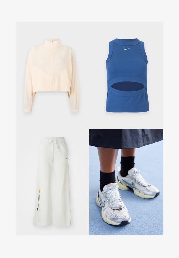 Lichtbeige jas met rits, hoge kraag, lange mouwen en elastische manchetten, getoond tegen een effen lichte achtergrond.; Blauw mouwloos Nike crop top met hoge hals en een uitsnede bij de buik, geribde stof en wit Swoosh-logo middenvoor.; Witte, wijde sweatpants met een elastische tailleband, trekkoord, zijslitsen, zwart Nike-logo en contrasterende gele grafische tekst.; Witte en zilveren Nike sneakers van meshstof, met reflecterende accenten en een beige zool. Gedragen met zwarte sokken, staand op een blauwe ondergrond.