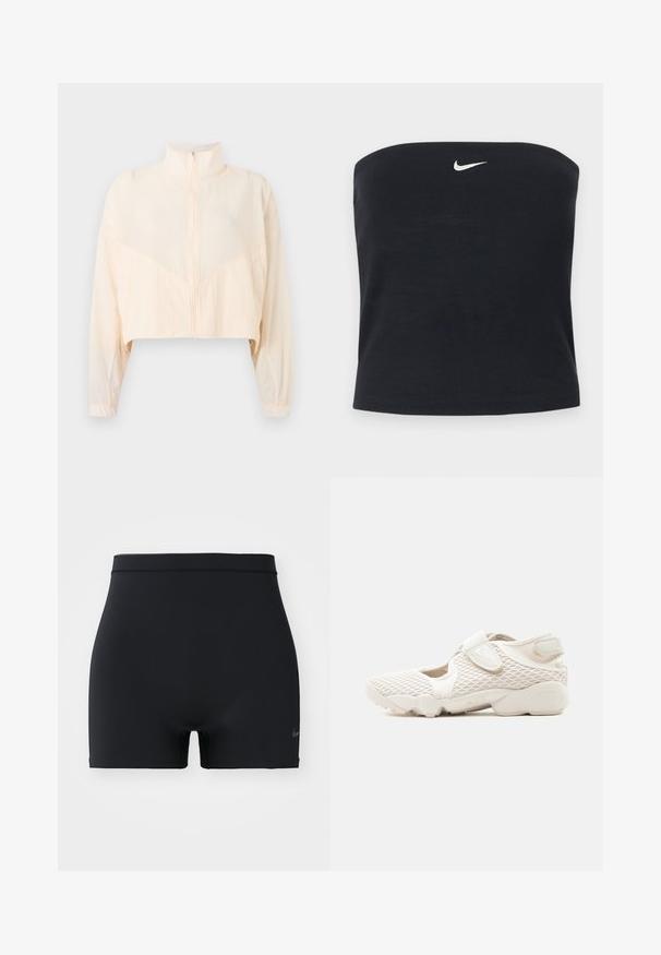 Svetločižová bunda so zipsom, vysokým golierom, dlhými rukávmi a elastickými manžetami, zobrazená na jednoduchom svetlom pozadí.; Čierny Nike strapless tube top s bielym logom Swoosh v strede blízko horného okraja, jednofarebné pozadie.; Čierne športové šortky vyrobené z hladkého, elastického materiálu, s pásom strednej výšky a malým logom Nike na ľavej strane.; Svetlo béžová teniska Nike s hornou časťou z oka, suchými zipsami, tlmenou podrážkou a vyrezanými stranami, navrhnutá pre pohodlie a priedušnosť.
